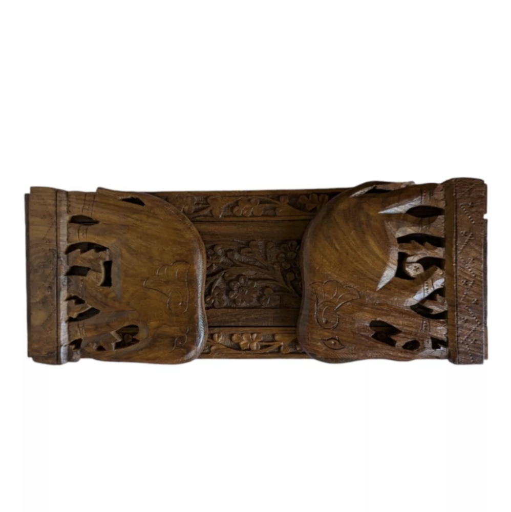 Vtg Ornate Handcarved Elephant Wood Slide Expandable Bookrack Ends Shelf India - Picture 16 of 16